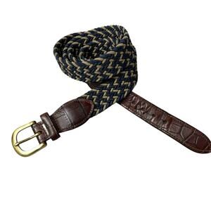 Crookhorn Woven Belt Mens Blue Elastic Genuine Leather Brass Buckle Classic 1.5"